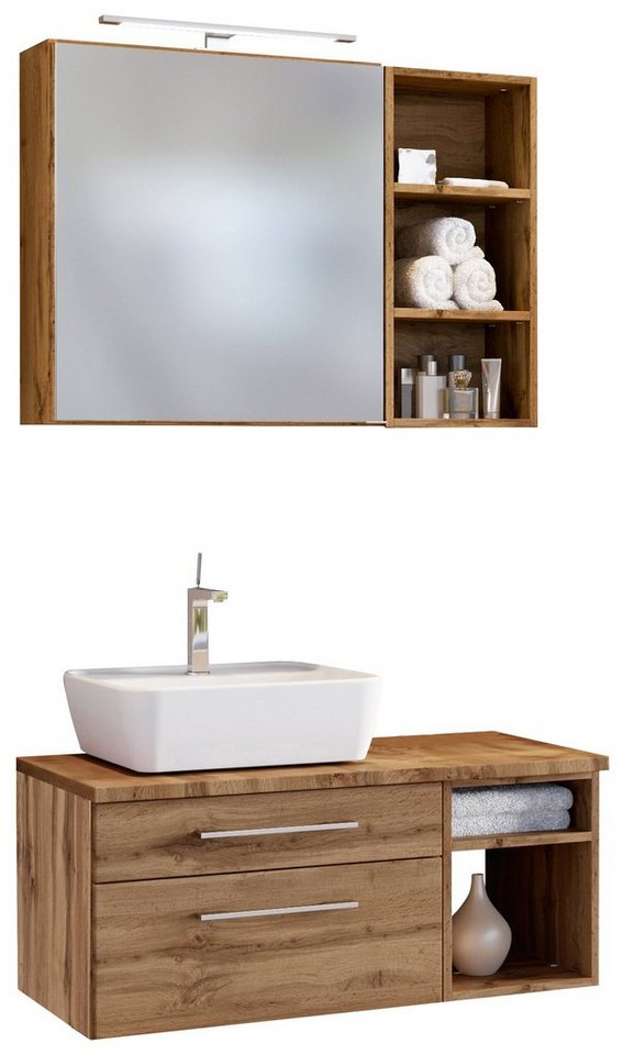 HELD MÖBEL Badmöbel-Set Waschtisch-Set Davos 90 cm -E- (links) Wotaneiche/Wotaneiche von HELD MÖBEL