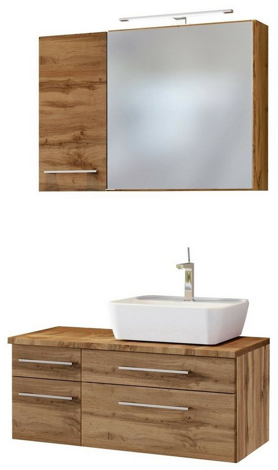 HELD MÖBEL Badmöbel-Set Waschtisch-Set Davos 90 cm -H- (rechts) Wotaneiche/Wotaneiche von HELD MÖBEL