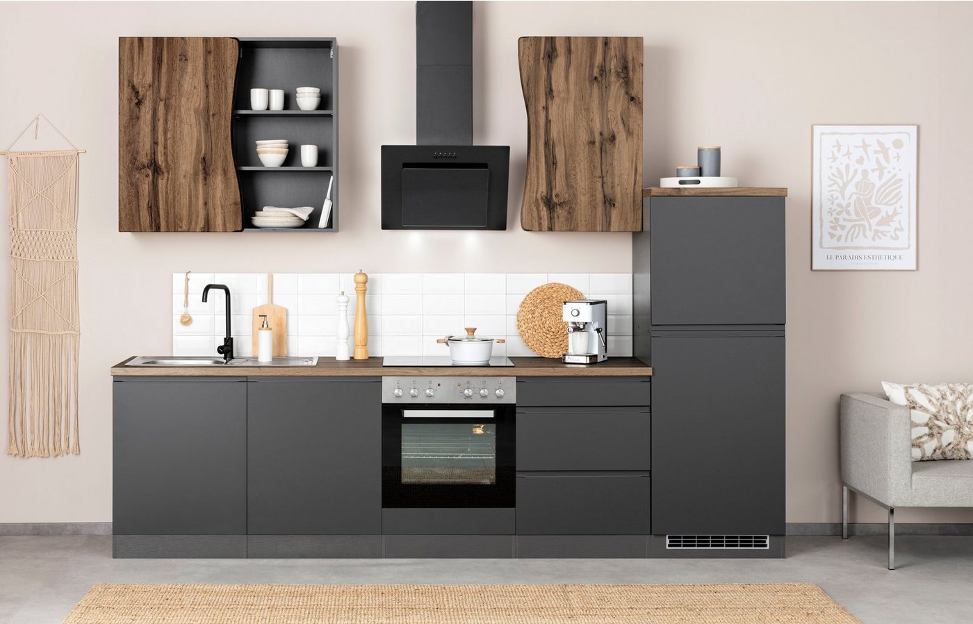 Kochstation Küche KS-Bruneck, 300cm breit, wahlweise mit oder ohne E-Geräte, hochwertige MDF-Fronten von Kochstation