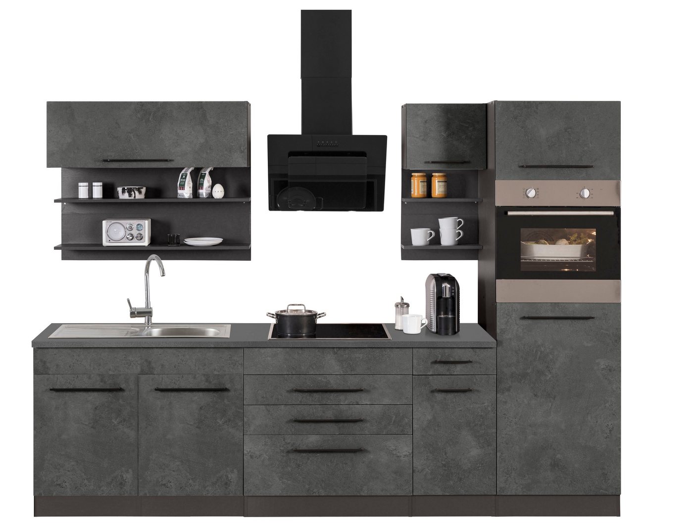 HELD MÖBEL Küchenzeile Tulsa, mit E-Geräten, Breite 290 cm, schwarze Metallgriffe, MDF Fronten von HELD MÖBEL