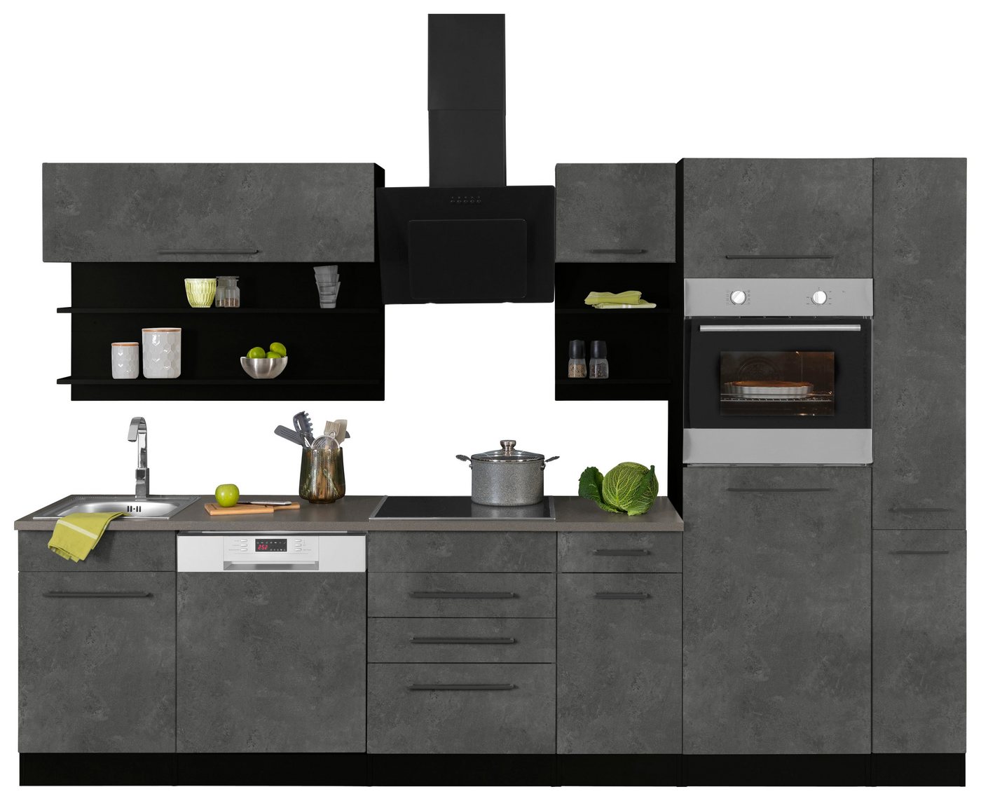 HELD MÖBEL Küchenzeile Tulsa, mit E-Geräten, Breite 300 cm, schwarze Metallgriffe, MDF Fronten von HELD MÖBEL