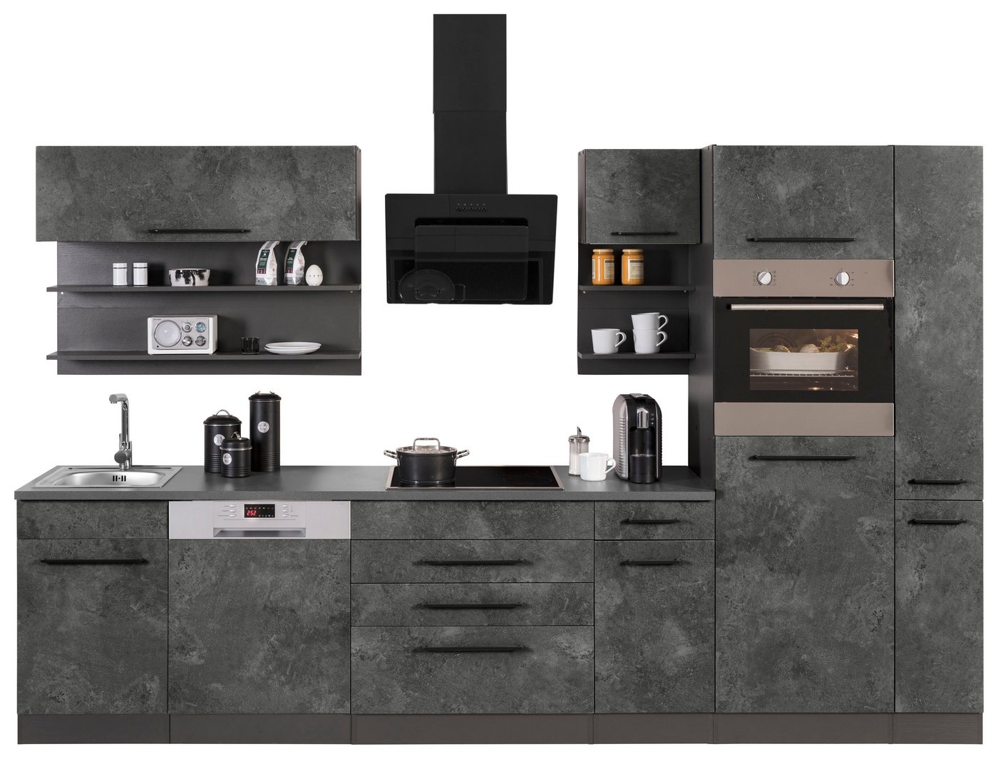 HELD MÖBEL Küchenzeile Tulsa, mit E-Geräten, Breite 320 cm, schwarze Metallgriffe, MDF Fronten von HELD MÖBEL
