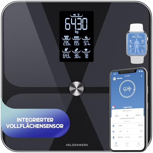 HELDENWERK Personenwaage Körperfettwaage, Waage Personen mit App & Vollflächensensor 180 kg/400 lbs, Körperwaage Digital, Bluetooth Körperanalysewaage für Körperfett, BMI, Muskelmasse, Protein, BMR von HELDENWERK