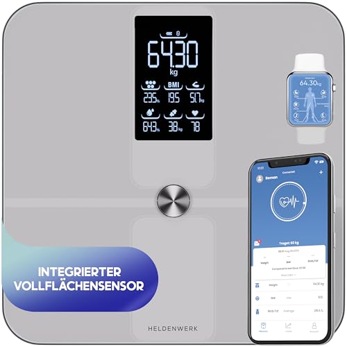 HELDENWERK Personenwaage Körperfettwaage, Waage Personen mit App & Vollflächensensor 180 kg/400 lbs, Körperwaage Digital, Bluetooth Körperanalysewaage für Körperfett, BMI, Muskelmasse, Protein, BMR von HELDENWERK