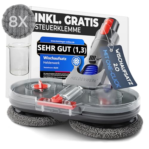 HELDENWERK Wischaufsatz für Dyson V6 Staubsauger, Dyson Zubehör Wischaufsatz, Elektrischer Bodenwischer mit Wassertank, Füllbehälter & 8 waschbaren Mops von HELDENWERK