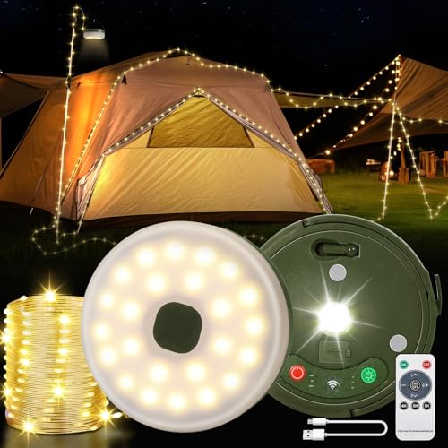 Camping Lichterkette Aufrollbar 10M, Vielseitige Tragbare Wiederaufladbare Camping Lichterkette mit 9 Beleuchtungsmodi, Wasserdichte Campinglampe für Zelt Camping Hof Dekoration und Wandern von HELESIN