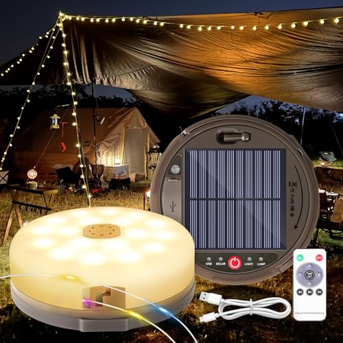 HELESIN Camping Lichterkette Aufrollbar Solar 12.8M, 2 Lademodi, 4 in 1 Tragbare LED Lichterkette mit 8 Beleuchtungsmodi, Wasserdichte Camping Lichterkette für Camping Hof Deko (Mehrfarbig) von HELESIN