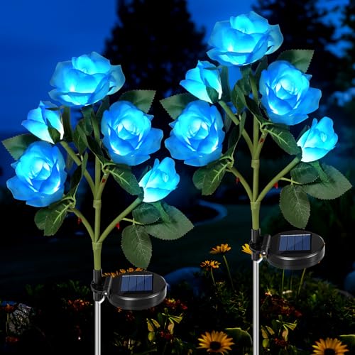 HELESIN Solarlampen für Außen Garten 2 Stück, IP65 Wassergeschützt Solar Blumen für Außen, 5 Rosen Blütenblätter Solarlampen für Außen, Solarlampen für Außen Deko, Büsche, Rasenflächen Deko(Blau) von HELESIN