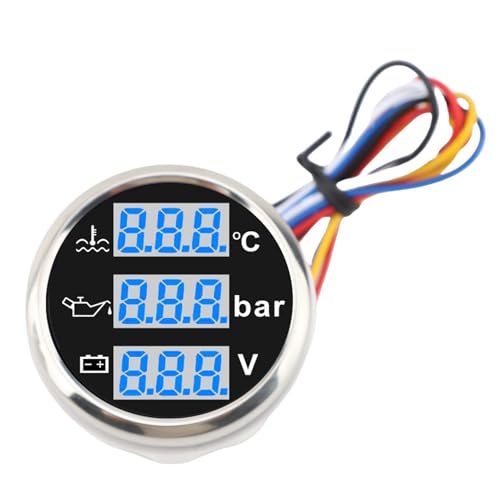 HELEVIA Bootswassertemperatur Öldruck Voltmeter 52mm Digitalanzeige Multifunktional IP67 Wassersicheres Dreifachmesser -Set (Schwarzes Silberabdeckung) von HELEVIA