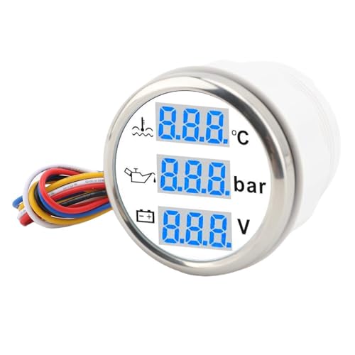 HELEVIA Bootswassertemperatur Öldruck Voltmeter 52mm Digitalanzeige Multifunktional IP67 Wassersicheres Dreifachmesser -Set (Weißes Zifferblatt Silberabdeckung) von HELEVIA