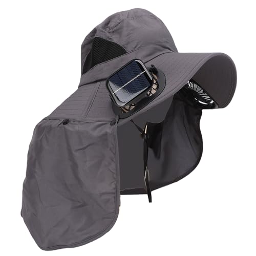 HELEVIA Solarfächerhut, Multifunktional Regenabsichtige Nackenklappe, Verstellbarer Luftvolumenfischerhut mit Solarfan für Männer und Frauen (Grau) von HELEVIA