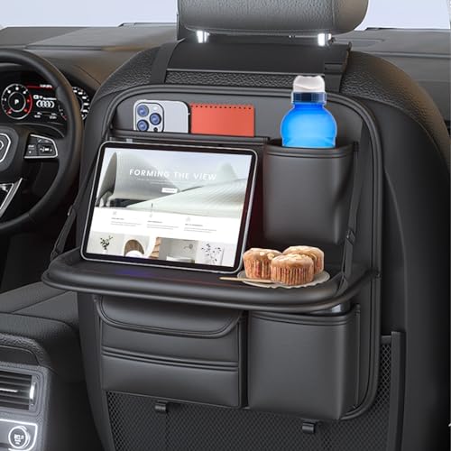 Auto Rücksitz Organizer mit faltbarem Essenstablett, Auto-Tisch-Tablet-Halter für die Kopfstütze des Rücksitzes, Auto-Rückenlehnenschutz, Trittmatten, Reisen mit 7 großen Aufbewahrungstaschen von HELGATALLT