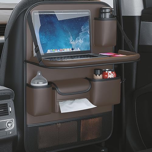 HELGATALLT Auto Rücksitz Organizer mit faltbarer Tischablage, Autositz-Rückenlehnenschutz mit Touchscreen-Handyhalterung, hochwertiges PU-Ledermaterial, kompatibel mit den meisten Fahrzeugen (Braun) von HELGATALLT