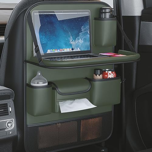 HELGATALLT Auto Rücksitz Organizer mit faltbarer Tischablage, Autositz-Rückenlehnenschutz mit Touchscreen-Handyhalterung, hochwertiges PU-Ledermaterial, kompatibel mit den meisten Fahrzeugen (Grün) von HELGATALLT