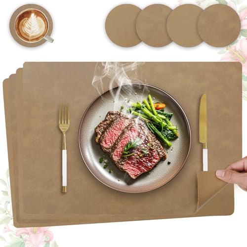 HELI MIAO 4er Set Tischset aus Leder-Imitat，Platzsets abwaschbar und wasserdicht，Platzdeckchen Lederoptik mit Untersetzer,Tischuntersetzer Doppelseitigen rutschfest(Eckig,Khaki) von HELI MIAO
