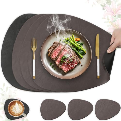 HELI MIAO 4er Set Tischset aus Leder-Imitat，Platzsets abwaschbar und wasserdicht，Platzdeckchen Lederoptik mit Untersetzer,Tischuntersetzer Doppelseitigen rutschfest(Oval,Dunkelbraun+Schwarz) von HELI MIAO