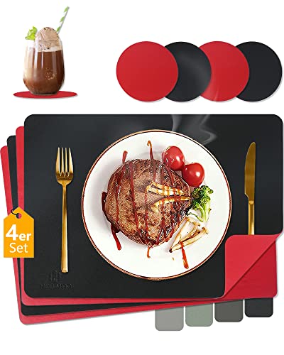 HELI MIAO Tischsets Abwaschbar,Platzsets Abwischbar,Tischset Leder,Hitzebeständig Zweifarbig I 4er Set Platzdeckchen Lederoptik mit Untersetzer,Tischuntersetzer rutschfest,Platzdecken,Rot+Schwarz von HELI MIAO