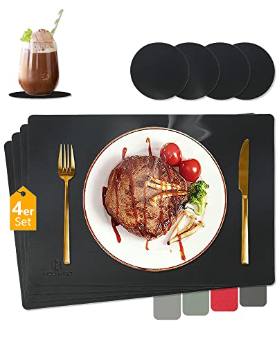 HELI MIAO Tischsets Abwaschbar,Platzsets Abwischbar,Hitzebeständig 4er set Leder mit Untersetzer,Platzdeckchen,Tischuntersetzer rutschfest für Hause Küche Restaurant und Hotel,Schwar von HELI MIAO