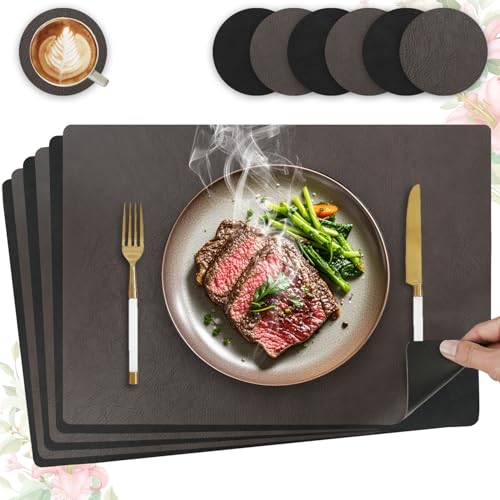 6er Set Tischset aus Leder-Imitat，Platzsets abwaschbar und wasserdicht，Platzdeckchen Lederoptik mit Untersetzer,Tischuntersetzer Doppelseitigen rutschfest(Eckig,Dunkelbraun+Schwarz) von HELI MIAO