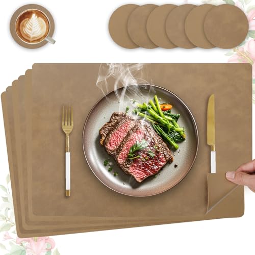 HELI MIAO 6er Set Tischset aus Leder-Imitat，Platzsets abwaschbar und wasserdicht，Platzdeckchen Lederoptik mit Untersetzer,Tischuntersetzer Doppelseitigen rutschfest(Eckig,Khaki) von HELI MIAO