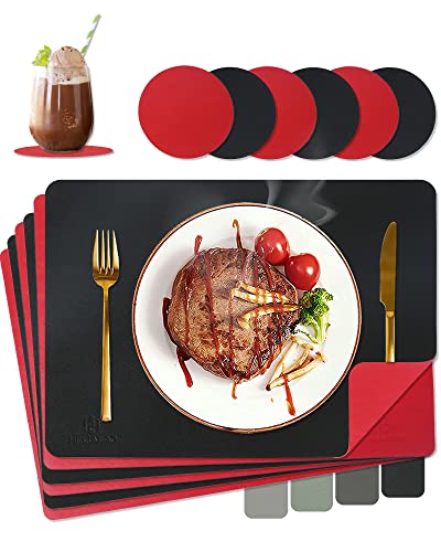 HELI MIAO Tischsets Abwaschbar,Platzsets Abwischbar,Tischset Leder,Hitzebeständig Zweifarbig I 6er Set Platzdeckchen Lederoptik mit Untersetzer,Tischuntersetzer rutschfest,Platzdecken,Rot+Schwarz von HELI MIAO