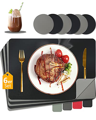 HELI MIAO 6er Set Tischsets Abwaschbar,Abwischbar Lederoptik Platzset und Untersetzer,43x30cm,Wasserdicht Hitzebeständig Zweifarbig Platzdeckchen,Tischset Leder,Tischset Kinder (Schwarz+grau, 6) von HELI MIAO