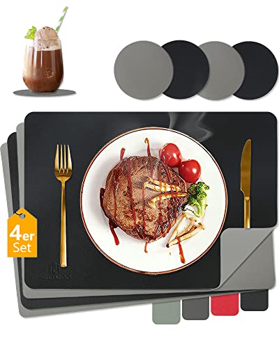 HELI MIAO Platzsets Abwaschbar,Tischsets Abwischbar,Tischset Leder,Hitzebeständig Doppelseitigen I 4er Set Platzdeckchen Kunstleder mit Untersetzer,Tischuntersetzer rutschfest,Platzdecken,Schwarz+grau von HELI MIAO