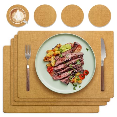 HELI MIAO Platzsets & Untersetzer (4er Set) - Abwaschbare Tischsets mit Lederoptik - Doppelseitigen wasserdicht & rutschfest - Platzdeckchen Telleruntersetzer Für Familienessen - (Eckig,Gelb) von HELI MIAO