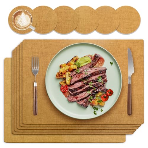 HELI MIAO Platzsets & Untersetzer (6er Set) - Abwaschbare Tischsets mit Lederoptik - Doppelseitigen wasserdicht & rutschfest - Platzdeckchen Telleruntersetzer Für Familienessen - (Eckig,Gelb) von HELI MIAO