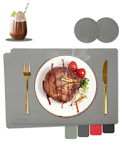 HELI MIAO Tischsets Abwaschbar,Platzsets Abwischbar,Hitzebeständig 2er Set Tischset Leder mit Untersetzer,Platzdecken,Platzdeckchen Wasserdicht Tischset für Hause Küche Restaurant und Hotel,Hellgrau von HELI MIAO