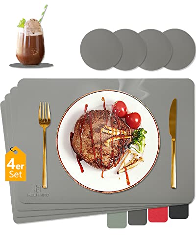 HELI MIAO Tischsets Abwaschbar,Platzsets Abwischbar,Hitzebeständig 4er Set Tischset Leder mit Untersetzer,Platzdecken,Platzdeckchen Wasserdicht Tischset für Hause Küche Restaurant und Hotel,Hellgrau von HELI MIAO