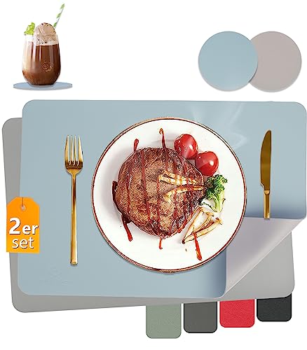 HELI MIAO Tischsets Abwaschbar,Platzsets Abwischbar,Tischset Leder,Hitzebeständig Doppelseitigen I 2er Set Platzdeckchen Lederoptik mit Untersetzer,Tischuntersetzer,Platzdecken（Hellblau + Grau） von HELI MIAO