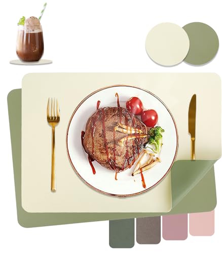 HELI MIAO Tischsets Abwaschbar,Platzsets Abwischbar,Tischset Leder,Hitzebeständig Doppelseitigen I 2er Set Platzdeckchen Lederoptik mit Untersetzer,Tischuntersetzer,Platzdecken Grasgrün + Beige von HELI MIAO