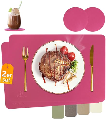 HELI MIAO Tischsets Abwaschbar,Platzsets Abwischbar,Tischset Leder,Hitzebeständig Doppelseitigen I 2er Set Platzdeckchen Lederoptik mit Untersetzer,Tischuntersetzer,Platzdecken Pflaumen rot von HELI MIAO