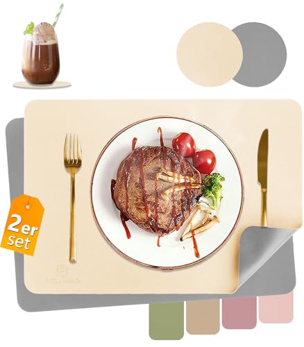 HELI MIAO Tischsets Abwaschbar,Platzsets Abwischbar,Tischset Leder,Hitzebeständig Doppelseitigen I 2er Set Platzdeckchen Lederoptik mit Untersetzer,Tischuntersetzer,Platzdecken beige+Haze blau HELI MIAO Tischsets Abwaschbar,Platzsets Abwischbar,Tischset Leder,Hitzebeständig Doppelseitigen I 2er Set Platzdeckchen Lederoptik mit Untersetzer,Tischuntersetzer,Platzdecken beige+Haze blau von HELI MIAO