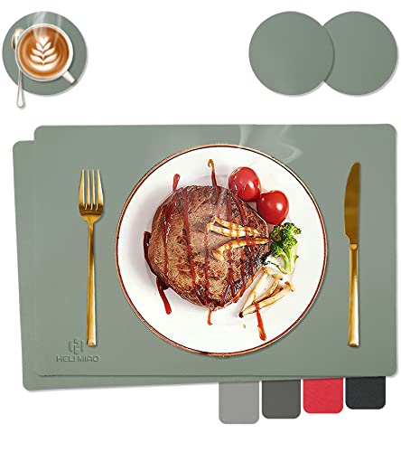 HELI MIAO Tischsets Abwaschbar,Platzsets Abwischbar,Tischset Leder,Hitzebeständig Doppelseitigen I 2er Set Platzdeckchen Lederoptik mit Untersetzer,Tischuntersetzer rutschfest,Platzdecken,Salbeigrün von HELI MIAO