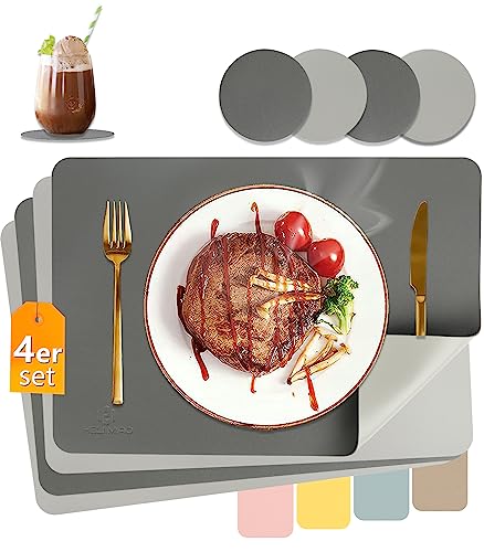 HELI MIAO Tischsets Abwaschbar,Platzsets Abwischbar,Tischset Leder,Hitzebeständig Doppelseitigen I 4er Set Platzdeckchen Lederoptik mit Untersetzer,Tischuntersetzer,Platzdecken（Anthrazit+Hellgrau） von HELI MIAO