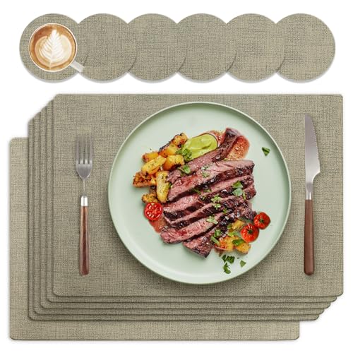 HELI MIAO Platzsets & Untersetzer (6er Set) - Abwaschbare Tischsets mit Lederoptik - Doppelseitigen wasserdicht & rutschfest - Platzdeckchen Für Familienessen - (Eckig,Trockenes Gras) von HELI MIAO