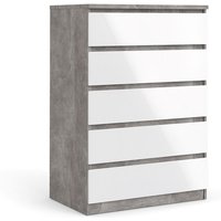 Hellin - Nada Kommode hoch mit 5 Schubladen, beton dekor,weiss hochglanz. von HELLIN