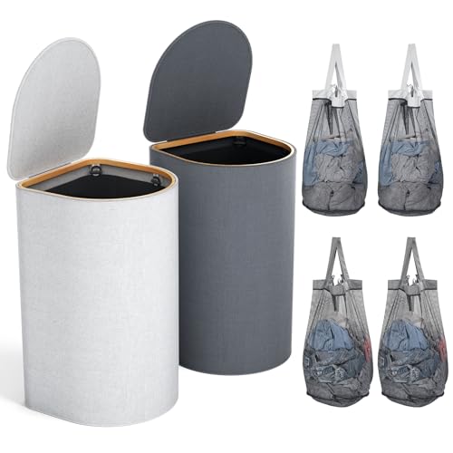 HELLKOPF 2er Pack Wäschekorb mit Deckel 140L Groß Kapazität - Wäschesammler mit 2 Fächer zum Sortieren der Schmutzwäsche, 4 Abnehmbar Innensäcke, Faltbare Laundry Baskets und Einfach zu Montieren von HELLKOPF