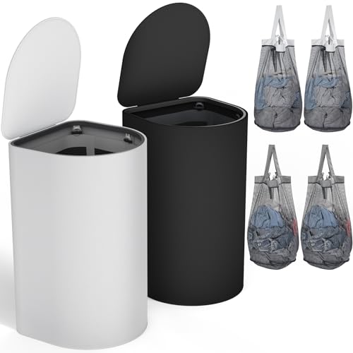 HELLKOPF 2er Pack Wäschekorb mit Deckel 140L Groß Kapazität - Wäschesammler mit 2 Fächer zum Sortieren der Schmutzwäsche, 4 Abnehmbar Innensäcke, Laundry Baskets Einfach Montieren, SchwarzHellgrau von HELLKOPF