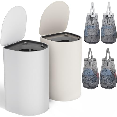 HELLKOPF 2er Pack Wäschekorb mit Deckel 140L Groß Kapazität - Wäschesammler mit 2 Fächer zum Sortieren der Schmutzwäsche, 4 Abnehmbar Innensäcke, Laundry Baskets Einfach Montieren, BeigeHellgrau von HELLKOPF