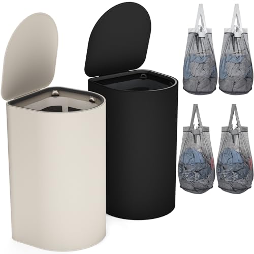 HELLKOPF 2er Pack Wäschekorb mit Deckel 140L Groß Kapazität - Wäschesammler mit 2 Fächer zum Sortieren der Schmutzwäsche, 4 Abnehmbar Innensäcke, Laundry Baskets und Einfach zu Montieren, SchwarzBeige von HELLKOPF