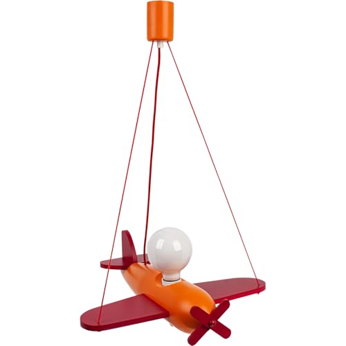 HELLUX Kinderzimmer Lampe Decke aus Holz | Deckenleuchten für Kinder | Kinderlampe Decke 70x42x41cm für Babyzimmer | Flugzeug Lampe E27 ohne Leuchtmittel (Rot/Orange) von HELLUX