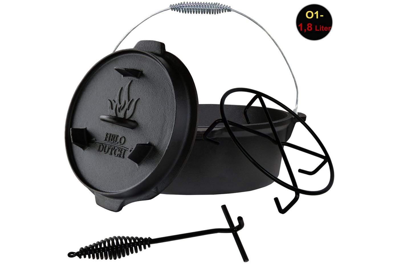 HELO24 Feuertopf Dutch Oven Set Gusseisen Deckelheber Schmortopf Kochbuch 1.8L - O1, Gusseisen von HELO24