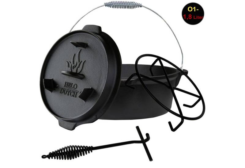 HELO24 Feuertopf Dutch Oven Set Gusseisen Deckelheber Schmortopf Kochbuch 1.8L - O1, Gusseisen von HELO24