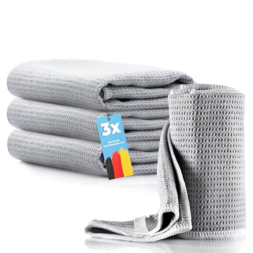 HELOME 3X Microfaser-Trockentücher | Geschirrtücher | Waffeltuch 38X60cm- Für Bad, Küche, Auto, Autoscheibe und Gewerbe. Streifenfreies Trocknen v. Fenstern, Duschkabinen, Gläsern, Besteck u. Geschirr von HELOME