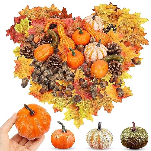 HELOVGE 50 Stück Thanksgiving Dekoration Set,Blätter Kürbis Deko Simulationskürbis,Künstliche Kürbisse Set,Seidenahornblatt Eicheln Tannenzapfen Kürbis,Für Halloween DIY-Herbstdekorationen. von HELOVGE