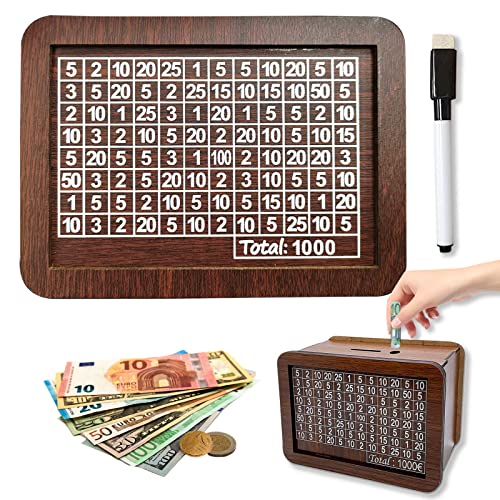 Spardose Aus Holz,Retro Sparbüchse Aufbewahrungsbox,Sparschwein Mit Marker,Sparbox,Wiederverwendbare Spardose Mit Sparziel Und Zahlen Zum Ankreuzen,Hilft Kindern Die Gewohnheit Zum Sparen von HELOVGE