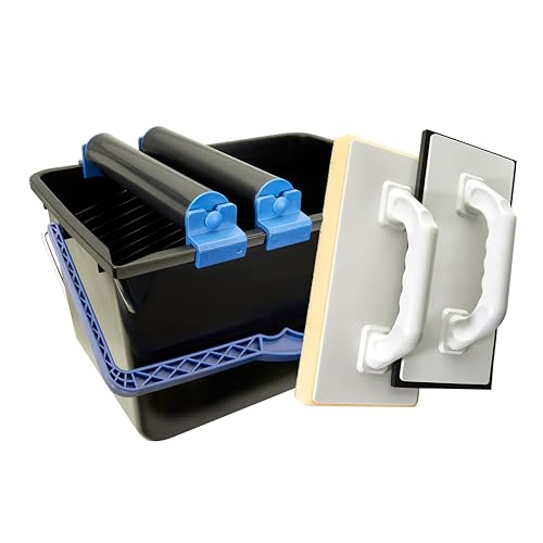 HELPMATE Fliesenwaschset 5-teilig 12 Liter Kunststoff Eimer, Doppelrollenaufsatz, Fliesenwaschbrett und Verfugbrett Made in Germany von HELPMATE